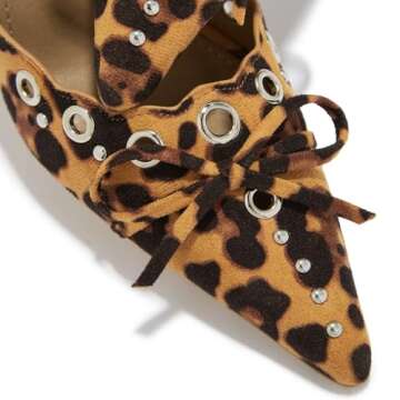 DOEYG Leopard Kitten Heels for Women Pointed Toe Heel Dressy Bow Heels Vintage Heeled Mules Sexy Pointy Studded Heels Slip on Stiletto Heels Pumps