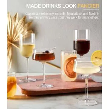 Coupe Cocktail Glass | Set of 2 | 8 oz | Hand-Blown Crystal Martini Glasses | Unique Art Deco Cocktail Glasses for Pisco Sour, Martini, Champagne | Round Champagen Coupe | Vintage Martini Glasses