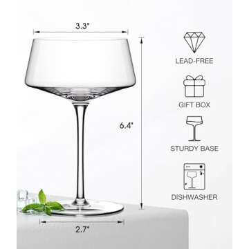 Coupe Cocktail Glass | Set of 2 | 8 oz | Hand-Blown Crystal Martini Glasses | Unique Art Deco Cocktail Glasses for Pisco Sour, Martini, Champagne | Round Champagen Coupe | Vintage Martini Glasses