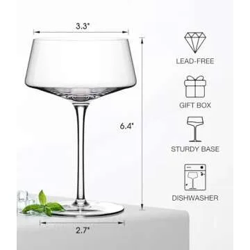 Coupe Cocktail Glass | Set of 2 | 8 oz | Hand-Blown Crystal Martini Glasses | Unique Art Deco Cocktail Glasses for Pisco Sour, Martini, Champagne | Round Champagen Coupe | Vintage Martini Glasses