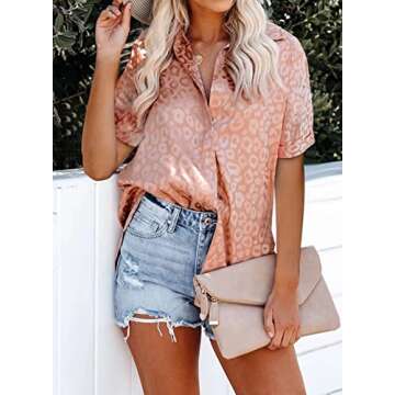 Astylish Womens Short Sleeve Summer Spring V Neck Button up Satin Embossed Blouse Casual Tops and T ...