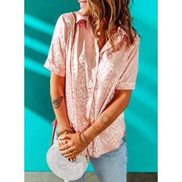 Astylish Womens Short Sleeve Summer Spring V Neck Button up Satin Embossed Blouse Casual Tops and T Shirts for Jeans Orange Medium