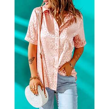 Astylish Womens Short Sleeve Summer Spring V Neck Button up Satin Embossed Blouse Casual Tops and T Shirts for Jeans Orange Medium