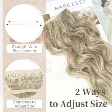 KooKaStyle Invisible Wire Hair Extensions with Transparent Headband Adjustable Size 4 Secure Clips Long Wavy Secret Wire Hairpiece 20 Inch for Women (Ash Brown mix Platinum Blonde)