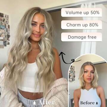 KooKaStyle Invisible Wire Hair Extensions with Transparent Headband Adjustable Size 4 Secure Clips Long Wavy Secret Wire Hairpiece 20 Inch for Women (Ash Brown mix Platinum Blonde)