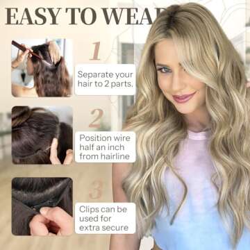 KooKaStyle Invisible Wire Hair Extensions with Transparent Headband Adjustable Size 4 Secure Clips Long Wavy Secret Wire Hairpiece 20 Inch for Women (Ash Brown mix Platinum Blonde)