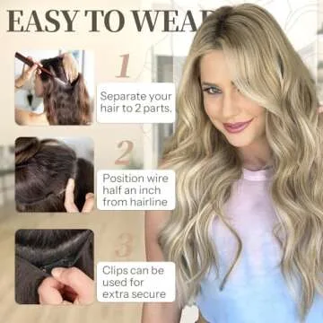 KooKaStyle Invisible Wire Hair Extensions with Transparent Headband Adjustable Size 4 Secure Clips Long Wavy Secret Wire Hairpiece 20 Inch for Women (Ash Brown mix Platinum Blonde)