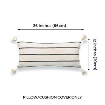 Hofdeco Modern Boho Moroccan Indoor Outdoor Long Lumbar Pillow Cover ONLY for Bed, Backyard, Couch, Sofa Neutral Beige Stripe Tassels, 12"x26"