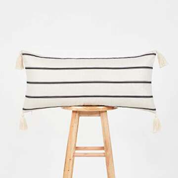 Hofdeco Modern Boho Moroccan Indoor Outdoor Long Lumbar Pillow Cover ONLY for Bed, Backyard, Couch, Sofa Neutral Beige Stripe Tassels, 12"x26"