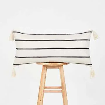 Hofdeco Modern Boho Moroccan Indoor Outdoor Long Lumbar Pillow Cover ONLY for Bed, Backyard, Couch, Sofa Neutral Beige Stripe Tassels, 12"x26"