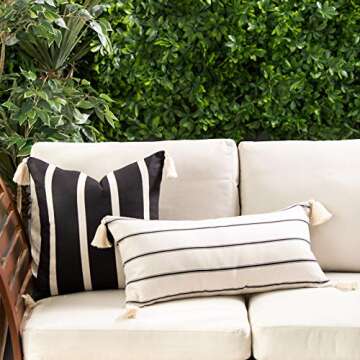 Hofdeco Modern Boho Moroccan Indoor Outdoor Long Lumbar Pillow Cover ONLY for Bed, Backyard, Couch, Sofa Neutral Beige Stripe Tassels, 12"x26"
