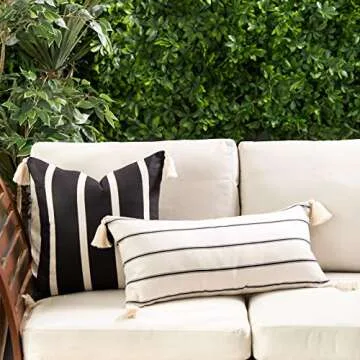 Hofdeco Modern Boho Moroccan Indoor Outdoor Long Lumbar Pillow Cover ONLY for Bed, Backyard, Couch, Sofa Neutral Beige Stripe Tassels, 12"x26"