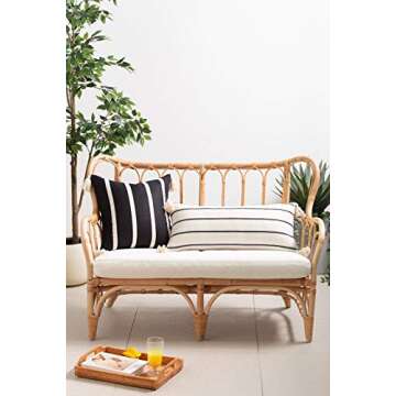 Hofdeco Modern Boho Moroccan Indoor Outdoor Long Lumbar Pillow Cover ONLY for Bed, Backyard, Couch, Sofa Neutral Beige Stripe Tassels, 12"x26"