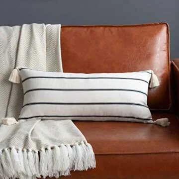 Hofdeco Modern Boho Moroccan Indoor Outdoor Long Lumbar Pillow Cover ONLY for Bed, Backyard, Couch, Sofa Neutral Beige Stripe Tassels, 12"x26"