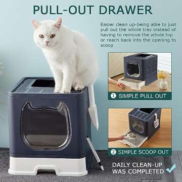 Pawsayes Cat Litter Box with Lid, Foldable Enclosed Covered Top Entry Kitten Litter Boxes for Growing Cats, Drawer Type Kitty Toilet with in/Out Front Door