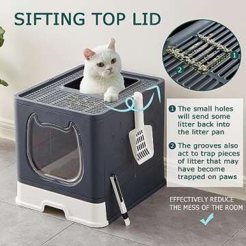 Pawsayes Cat Litter Box with Lid, Foldable Enclosed Covered Top Entry Kitten Litter Boxes for Growing Cats, Drawer Type Kitty Toilet with in/Out Front Door