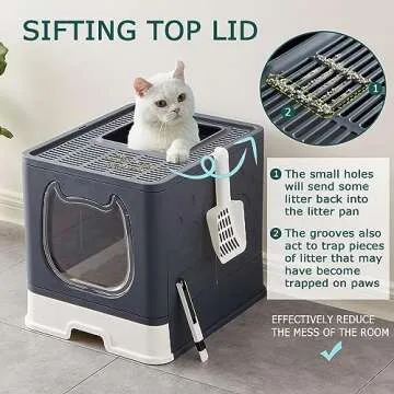 Pawsayes Cat Litter Box with Lid, Foldable Enclosed Covered Top Entry Kitten Litter Boxes for Growing Cats, Drawer Type Kitty Toilet with in/Out Front Door