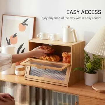 GHWIE Double Layer Bamboo Bread Box for Kitchen Counter,Large Capacity Bread Storage Bin,Bread Container with Acrylic Wavy Door Panel (Natural, Medium)