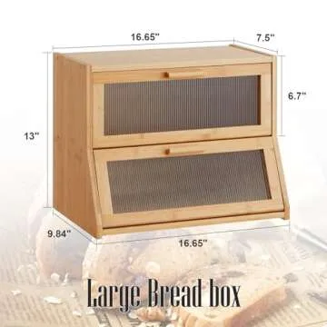 GHWIE Double Layer Bamboo Bread Box for Kitchen Counter,Large Capacity Bread Storage Bin,Bread Container with Acrylic Wavy Door Panel (Natural, Medium)