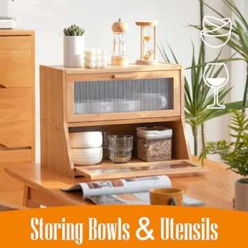 GHWIE Double Layer Bamboo Bread Box for Kitchen Counter,Large Capacity Bread Storage Bin,Bread Container with Acrylic Wavy Door Panel (Natural, Medium)