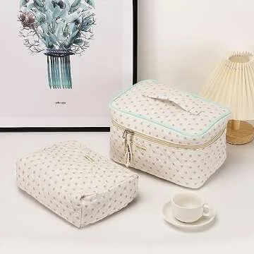 Sightor Cotton Makeup Bag - Spacious Quilted Travel Cosmetic Bag