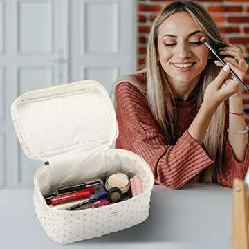 Sightor Cotton Makeup Bag - Spacious Quilted Travel Cosmetic Bag