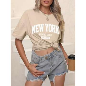 Women’s Oversized New York Letter Graphic Print Short Sleeve Tunic Tops Crew Neck Loose Fit Tee Casual T Shirts