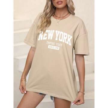 Women’s Oversized New York Letter Graphic Print Short Sleeve Tunic Tops Crew Neck Loose Fit Tee Casual T Shirts