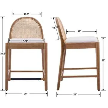 Ya-Home Mid-Century Bar Stools Set of 4, 26 Inch Rattan Back Linen Counter Height Barstools Comfy Upholstered Bar Chairs with Wooden Legs for Kitchen Dining Room, Beige