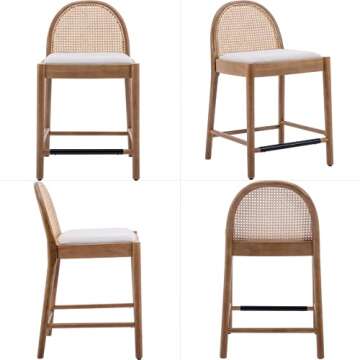 Ya-Home Mid-Century Bar Stools Set of 4, 26 Inch Rattan Back Linen Counter Height Barstools Comfy Upholstered Bar Chairs with Wooden Legs for Kitchen Dining Room, Beige