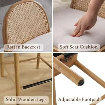Ya-Home Mid-Century Bar Stools Set of 4, 26 Inch Rattan Back Linen Counter Height Barstools Comfy Upholstered Bar Chairs with Wooden Legs for Kitchen Dining Room, Beige