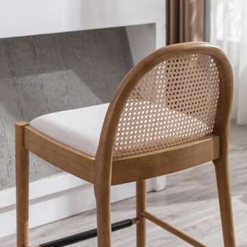 Ya-Home Mid-Century Bar Stools Set of 4, 26 Inch Rattan Back Linen Counter Height Barstools Comfy Upholstered Bar Chairs with Wooden Legs for Kitchen Dining Room, Beige