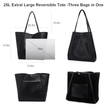 Monrich Black Vegan Leather Tote Bag for Women 25L