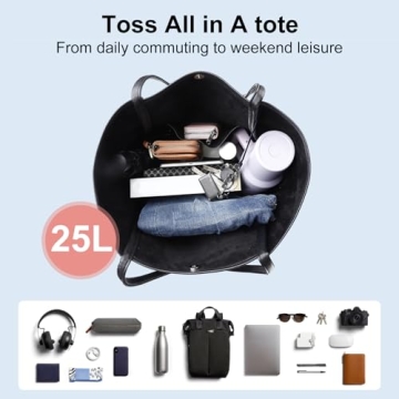 Monrich Black Vegan Leather Tote Bag for Women 25L