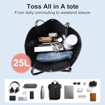 Monrich Black Vegan Leather Tote Bag for Women 25L