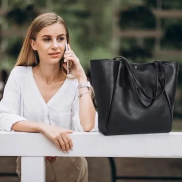 Monrich Black Vegan Leather Tote Bag for Women 25L