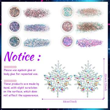 Leelosp 8 Set Halloween Jewels Tattoo Body Gems Rhinestone Sticker with 6 Boxes Chunky Holographic F...