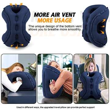 Inflatable Travel Pillow,Multifunction Travel Neck Pillow for Airplane to Avoid Neck and Shoulder Pain,Support Head,Neck,Used for Sleeping Rest, Airplane and Home Use,with Eye Mask, Earplugs,Blue
