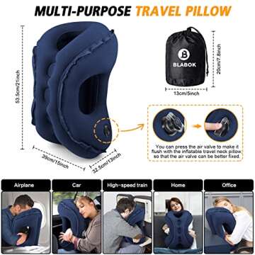 Inflatable Travel Pillow,Multifunction Travel Neck Pillow for Airplane to Avoid Neck and Shoulder Pain,Support Head,Neck,Used for Sleeping Rest, Airplane and Home Use,with Eye Mask, Earplugs,Blue