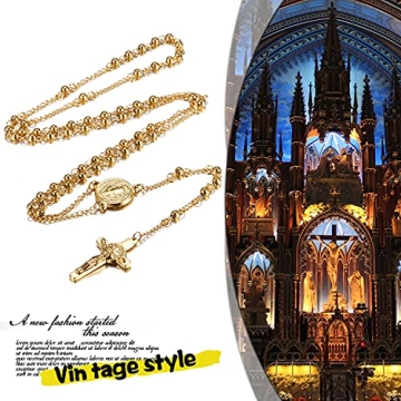 Rofusn Gold Rosary Beads Cross Necklace Religious Jewelry