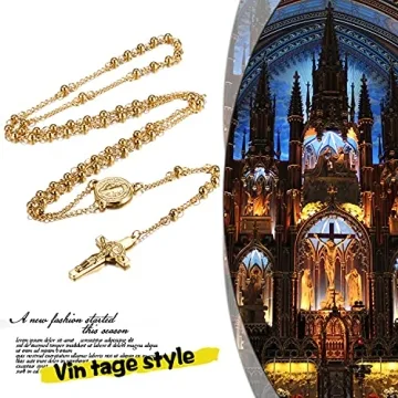 Rofusn Gold Rosary Beads Cross Necklace Religious Jewelry