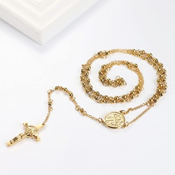 Rofusn Gold Rosary Beads Cross Necklace Religious Jewelry