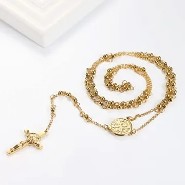 Rofusn Gold Rosary Beads Cross Necklace Religious Jewelry