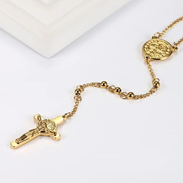 Rofusn Gold Rosary Beads Cross Necklace Religious Jewelry