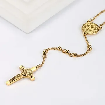 Rofusn Gold Rosary Beads Cross Necklace Religious Jewelry
