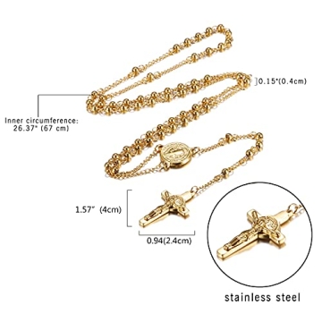 Rofusn Gold Rosary Beads Cross Necklace Religious Jewelry