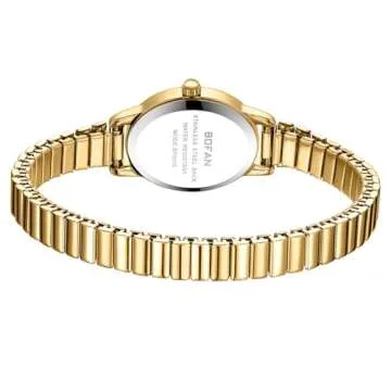 BOFAN Small Gold Watches for Women Easy Read Ladies Quartz Wrist Watch with Stainless Steel Expansion Band,Waterproof.（6.89in-7.68in）