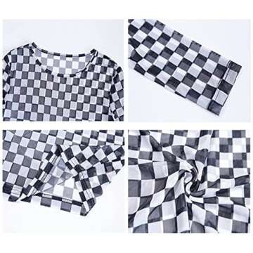 KACAOAC Women's Long Sleeve Checkered Print Sexy See Through Sheer Mesh Crop Top Tee T Shirts