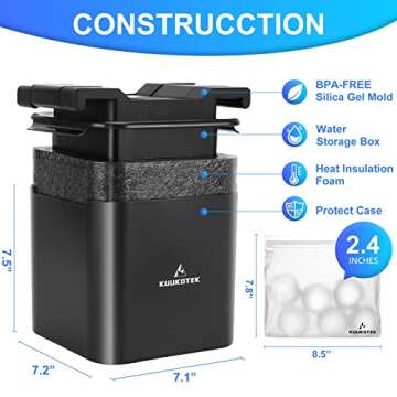 Kuukotek Professional Crystal Clear 2.4inch Sphere Ice Ball Mold for For Wine Lover, Set of 4 with Storage Bag and Ice Tong, Reusable and BPA Free, Large Ice Ball Maker