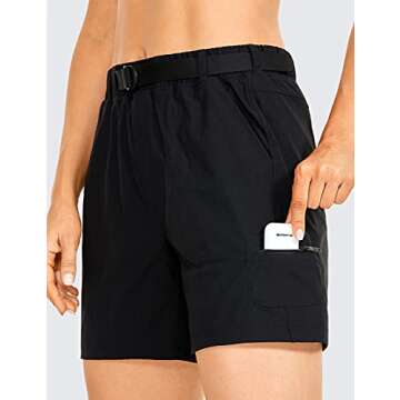 CRZ YOGA Women's Lightweight Cargo Hiking Shorts with Belt 6'' - Stretch Long Summer Athletic Outdoor Workout Shorts Pockets Black Large